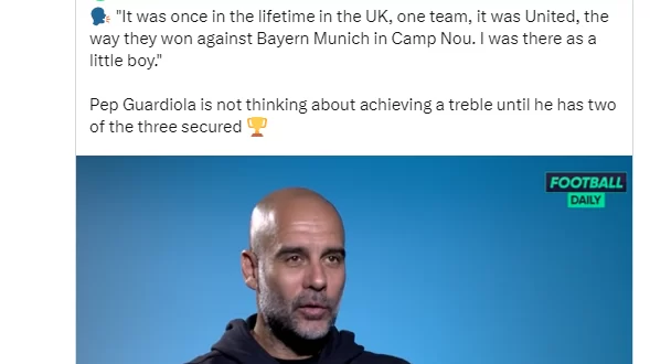 Fans poke fun at Pep Guardiola after he says he remembers watching Manchester United?s treble in 1999 ?as a little boy?