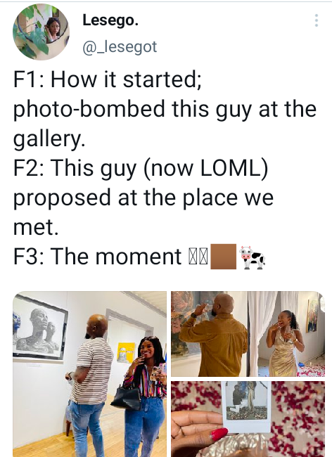 "I photo-bombed this guy at the gallery" - South African lady reveals how she met her boyfriend as he proposes to her