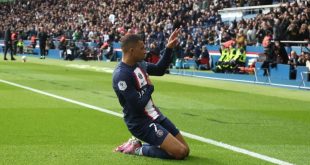 Kylian Mbappe celebrates his goal for PSG against Lille at the Parc des Princes in February 2023.