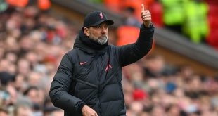 Liverpool manager Jurgen Klopp reacts during the Premier League match between Liverpool FC and Manchester United at Anfield on March 05, 2023 in Liverpool, England.