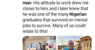 Man shares photos of an unemployed Nigerian graduate doing menial job on a construction site