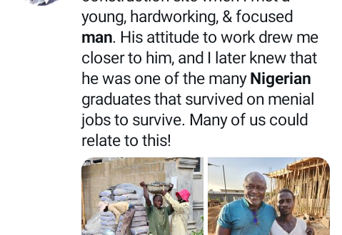 Man shares photos of an unemployed Nigerian graduate doing menial job on a construction site