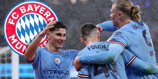 Manchester City striker Erling Haaland celebrates with teammates Phil Foden and Julian Alvarez after scoring the team
