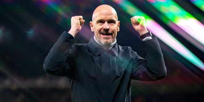 Manchester United manager Erik ten Hag celebrates victory after the UEFA Europa League knockout round play-off leg two match between Manchester United and FC Barcelona at Old Trafford on February 23, 2023 in Manchester, England.
