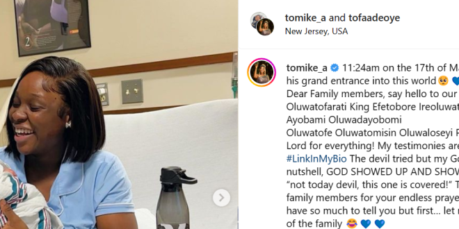 Media personality Tomike Adeoye welcomes second child