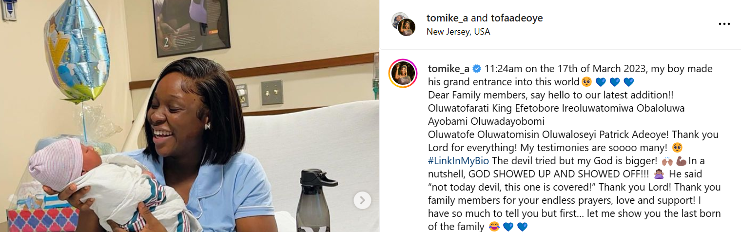 Media personality Tomike Adeoye welcomes second child