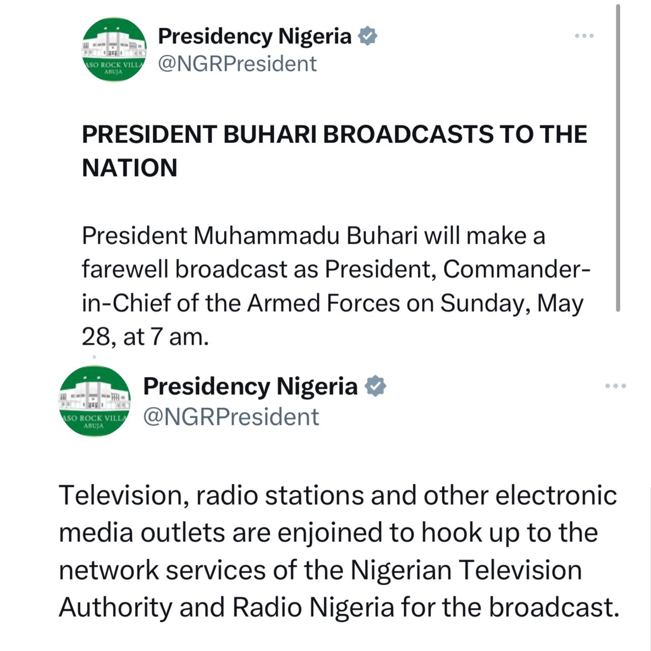President Buhari to give farewell broadcast tomorrow May 28