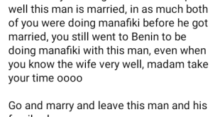 "Stop making a woman like you to cry her eyes out all night" - Nigerian man warns a lady dating married man in Edo