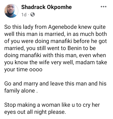"Stop making a woman like you to cry her eyes out all night" - Nigerian man warns a lady dating married man in Edo