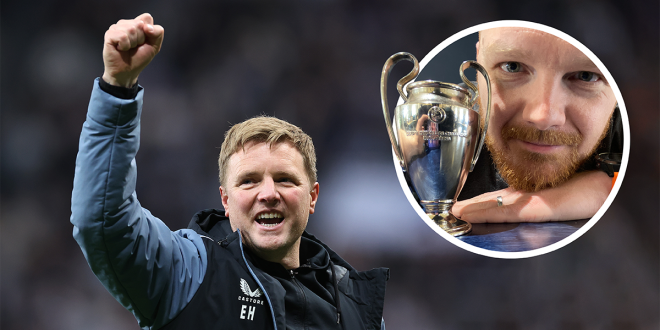 Eddie Howe celebrates after his team qualifies for the UEFA Champions League following the Premier League match between Newcastle United and Leicester City while Matthew Ketchell poses with a miniature Champions League trophy