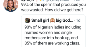 "The sp3rm that produced you was wasted" - Twitter users slam woman who said '90% of Nigerian ladies are into hook up'