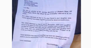 Trending photo of a purported letter a Nigerian man sent to the mother of his pregnant girlfriend warning her against terminating her pregnancy