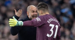Manchester City manager Pep Guardiola talks to Manchester City goalkeeper Ederson during the Premier League match between Manchester City and Arsenal FC at Etihad Stadium on April 26, 2023 in Manchester, United Kingdom.