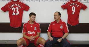 Liverpool captain Steven Gerrard and manager Rafa Benetiz show off the new home kit in the dressing room during the Liverpool FC Adidas Kit Launch at Anfield on July 24, 2006 in Liverpool, England.
