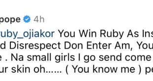 Actors Junior Pope and Ruby Orjiakor clash on IG after he cautioned her for celebrating herself on  Father?s day