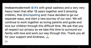 Actress Tori Spelling and actor Dean McDermott split