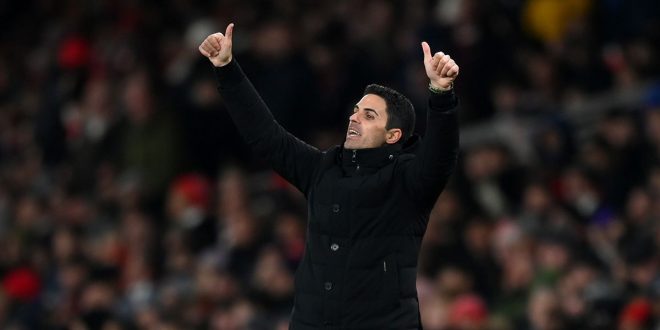 Arsenal manager Mikel Arteta gestures during the Premier League match between Arsenal FC and Manchester United at Emirates Stadium on January 22, 2023 in London, England.