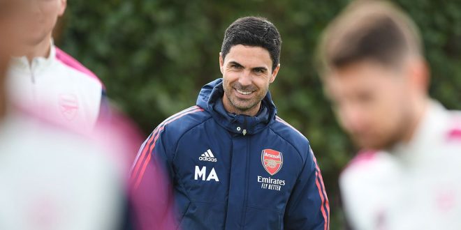 Arsenal manager Mikel Arteta during a training session at London Colney on April 11, 2023 in St Albans, England.