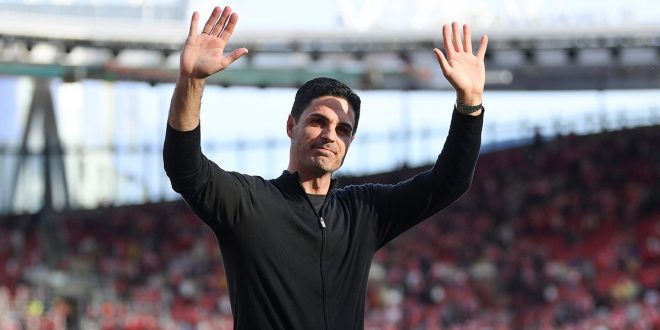 Arsenal manager Mikel Arteta acknowledges fans after the Premier League match between Arsenal FC and Wolverhampton Wanderers at Emirates Stadium on May 28, 2023 in London, England.