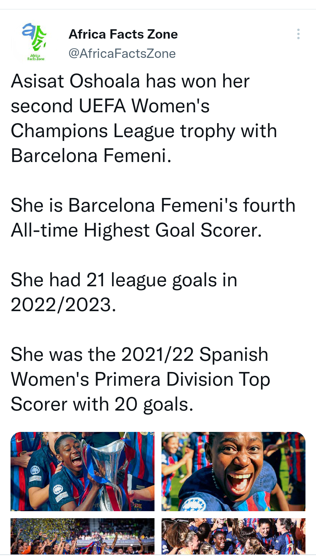 Asisat Oshoala wins second Women?s Champions League title with Barcelona to become Africa