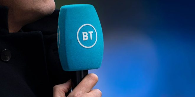 BT Sport presenter Jake Humphrey holding a microphone before the Premier League match between Everton and Manchester United at Goodison Park on April 9, 2022 in Liverpool, United Kingdom.