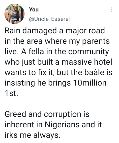 Ba�le allegedly demands N10m from hotelier who wants to repair damaged road in a community