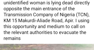 Body of a severely malnourished woman found dumped on road in Benue