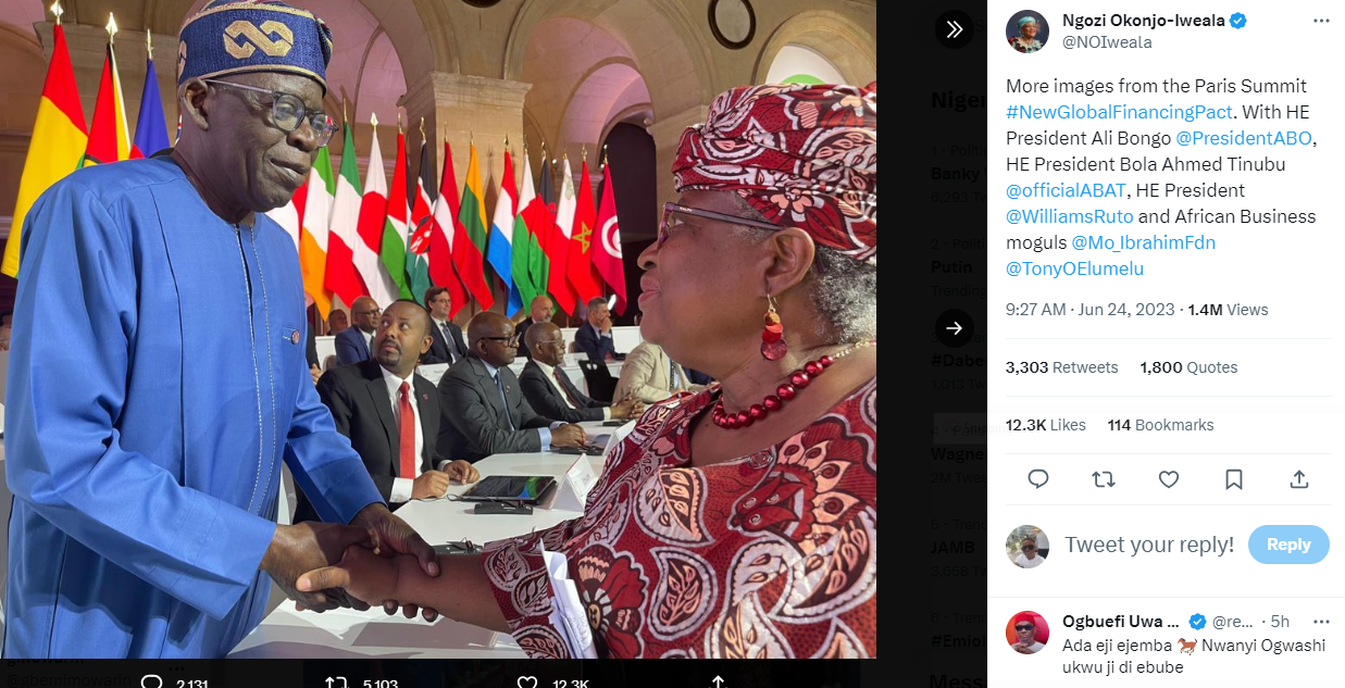 DG of World Trade Organization, Ngozi Okonji-Iweala shares photo of herself with President Tinubu at the Paris Global Financial summit