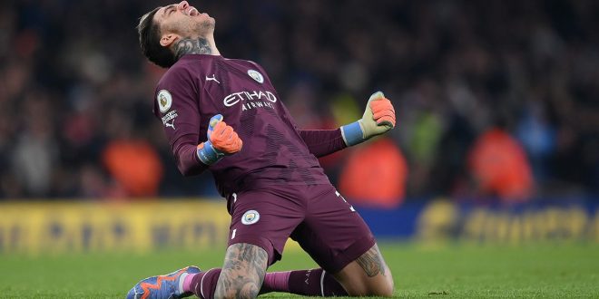 Ederson of Manchester City celebrates after Erling Haaland of Manchester City scores their side