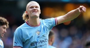 Erling Haaland celebrates after scoring for Manchester City against Leicester in the Premier League in April 2023.