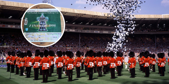 The Scots Guard brass band play on the pitch at Wembley Stadium before the 1998 FA Cup Final Arsenal vs Newcastle