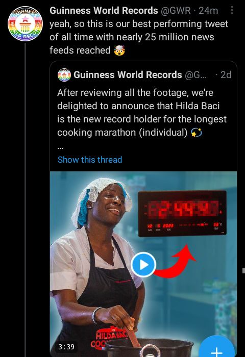 Guinness World Record confirms Hilda Baci's tweet as Its best performing tweet of all time.