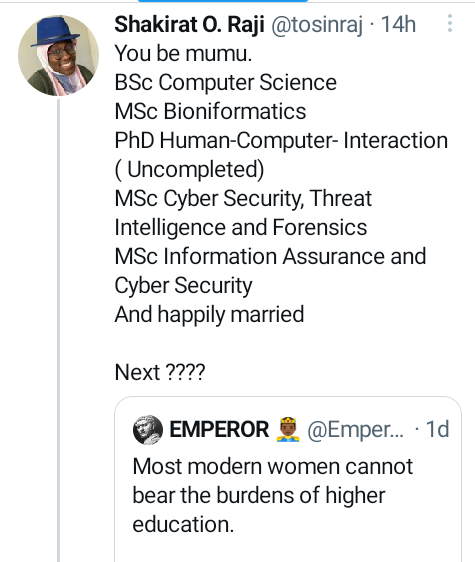Happily married Nigerian woman reels out her educational qualifications after Twitter user said "higher education makes women unsubmissive and unmarriageable"