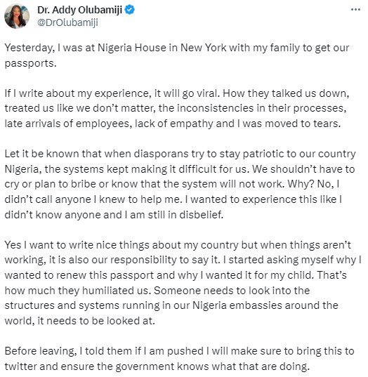 ''I started asking myself why I wanted to renew this passport and why I wanted it for my child''- Nigerian doctor laments about the humiliating experience she had at the Nigerian Embassy in New York