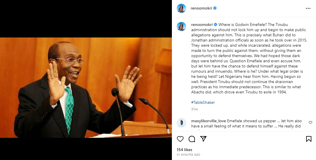 ''It appears to be a vindictive act to punish him for the patriotic Naira redesign policy''- Reno Omokri faults the suspension and rumored arrest of Godwin Emefiele