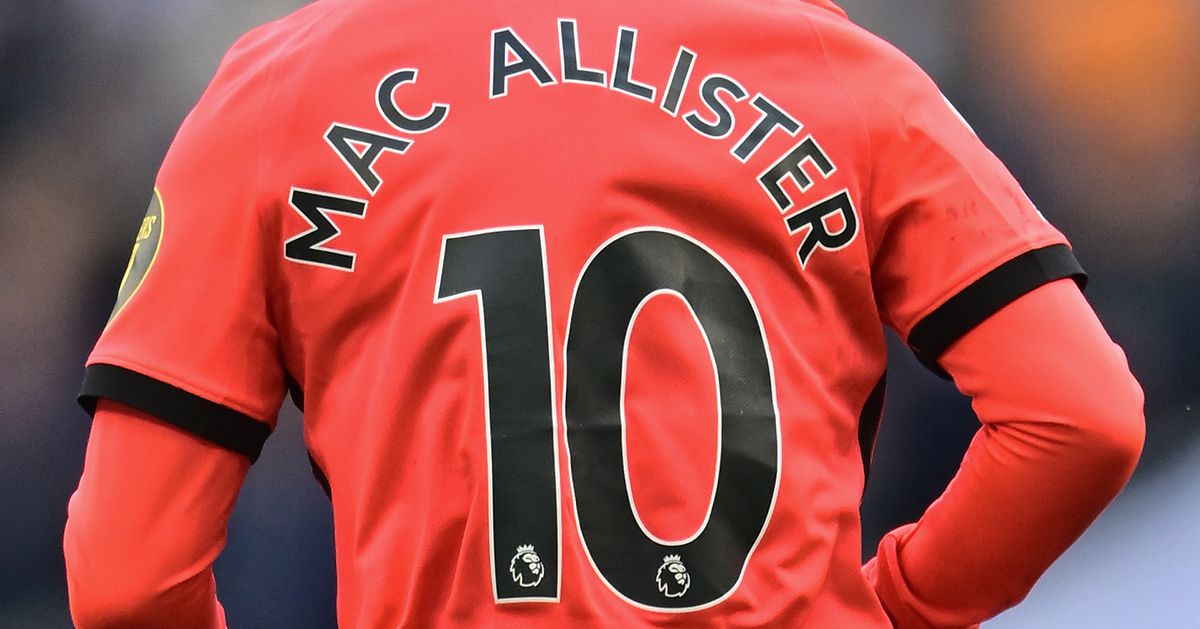 New Liverpool signing Alexis Mac Allister of Brighton & Hove Albion during the Premier League match between Tottenham Hotspur and Brighton & Hove Albion at Tottenham Hotspur Stadium on April 8, 2023 in London, United Kingdom.