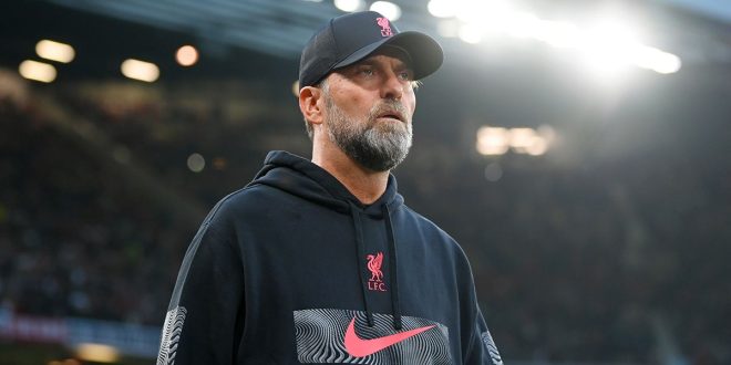 Liverpool manager Jurgen Klopp looks on prior to the Premier League match between Manchester United and Liverpool FC at Old Trafford on August 22, 2022 in Manchester, England.
