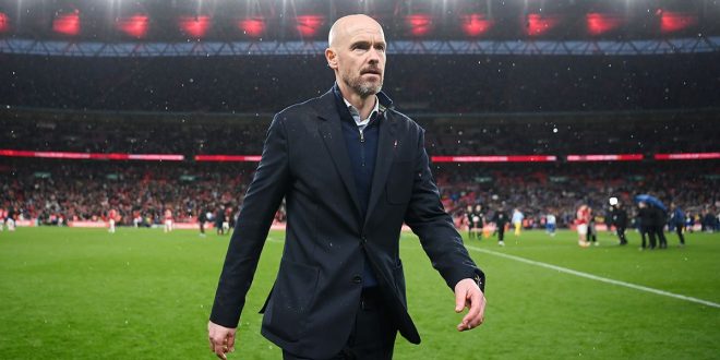 Manchester United manager Erik ten Hag acknowledges the fans after the team