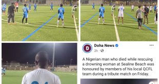 Memorial football match held for Nigerian engineer who died saving a drowning woman in Qatar