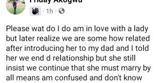 Nigerian man confused as the woman he is in love with says she must marry him though they are