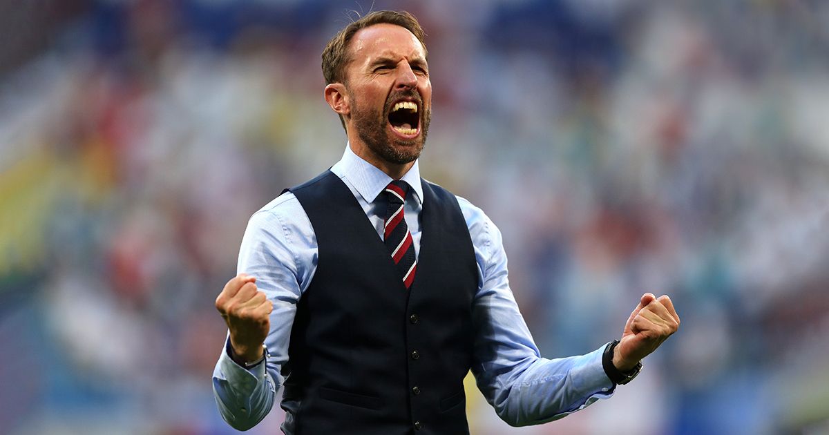 Gareth Southgate, Manager of England celebrates following victory during the 2018 FIFA World Cup Russia Quarter Final match between Sweden and England at Samara Arena on July 7, 2018 in Samara, Russia.