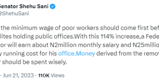 Raising the minimum wage of poor workers should come first before that of the elites holding public offices- Shehu Sani reacts to reports of President Tinubu and others receiving 114% increase in salary
