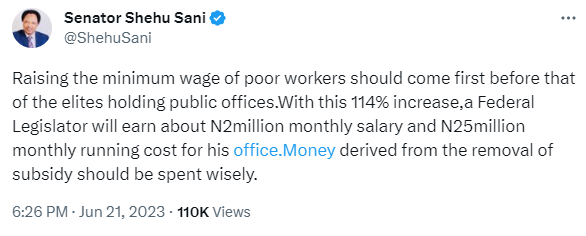 Raising the minimum wage of poor workers should come first before that of the elites holding public offices- Shehu Sani reacts to reports of President Tinubu and others receiving 114% increase in salary
