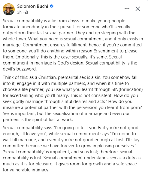 Sexual compatibility is a lie to make young people fornicate unendingly in their pursuit for someone who?ll sexually outperform their last sexual partner- Solomon Buchi