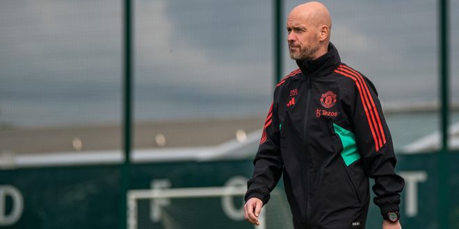 Manchester United manager Erik ten Hag looks on during a first team training session at Carrington Training Ground on May 23, 2023 in Manchester, England.