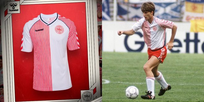 The Hummel Denmark 1986 remake shirt alongside the original from the World Cup of that year