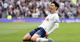Tottenham winger Heung-min Son celebrates after scoring against Brighton in the Premier League in April 2023.
