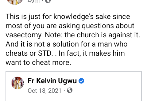 Vasectomy is not a solution for a man who cheats - Nigerian Catholic priest, Fr. Kelvin Ugwu, says