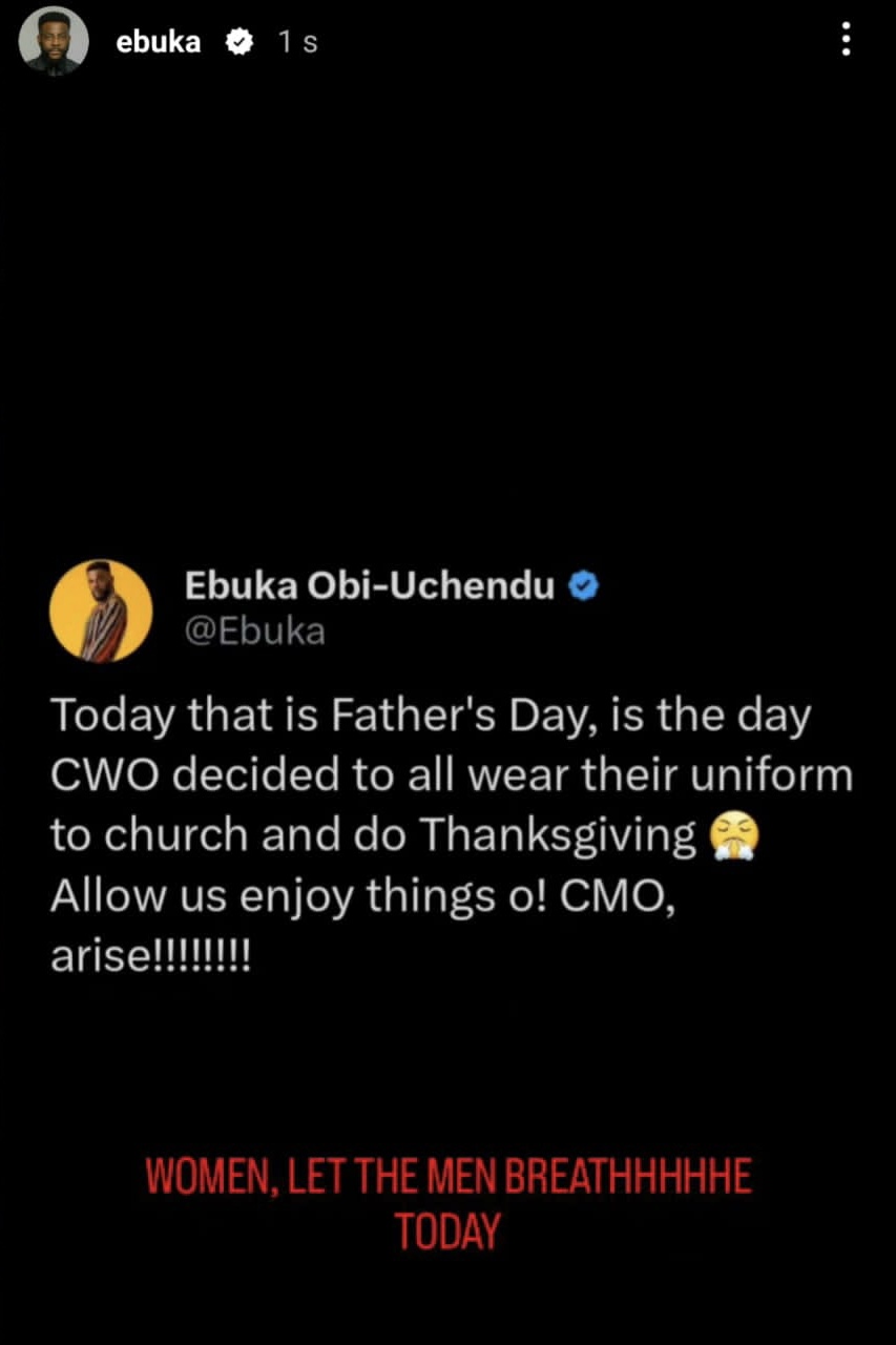 Women let men breathe today - Media personality Ebuka Obi-Uchendu writes as Catholic Women Organization choose to hold thanksgiving same day as Fathers day