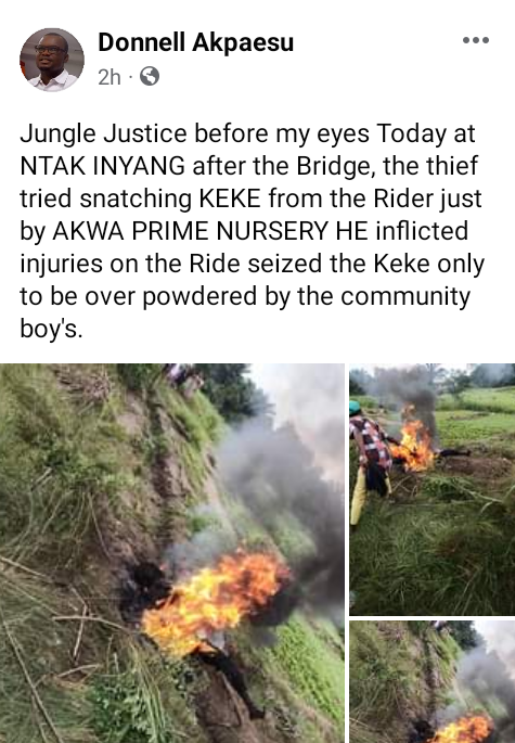 Angry mob sets tricycle robber ablaze in Akwa Ibom as police rescue two suspected thieves from being lynched for stealing wine and generator